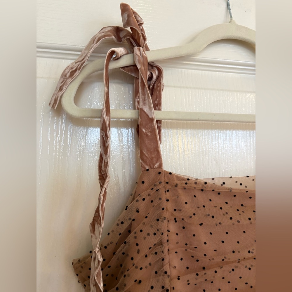 Entro Camel Polka Dotted Mesh Overlay Shoulder Tie Maxi Dress Medium Fairycore - Picture 13 of 16